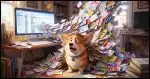 A Corgi sitting in front of a desktop computer from which a tidal wave of spam email is cascading over him.
