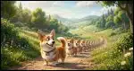 a Corgi behind which stands a series of clones disappearing into the distance