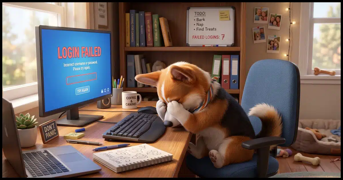 A Corgi in a home office with his head in paws in front of a computer screen that says "Login Failed"