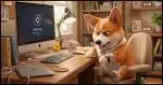 a Corgi looking impatiently at his watch while his computer reboots