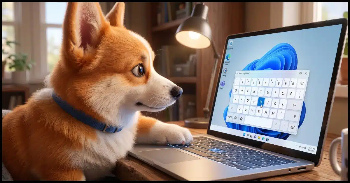A close up of a Corgi attempting to use the Windows virtual keyboard displayed on a Windows 11 computer screen.
