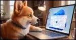 A close up of a Corgi attempting to use the Windows virtual keyboard displayed on a Windows 11 computer screen.