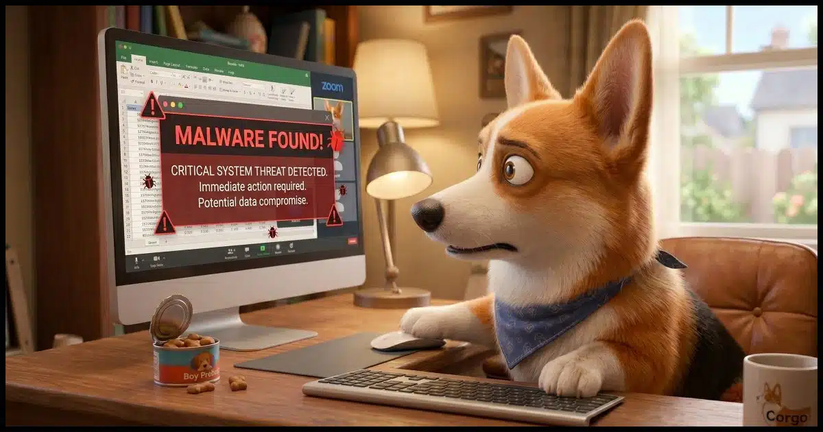A concerned Corgi looking at a computer screen with the message "Malware Found!"