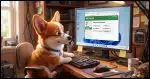 A Corgi working on a router's administration screen displayed on his windows PC, changing the administration password.