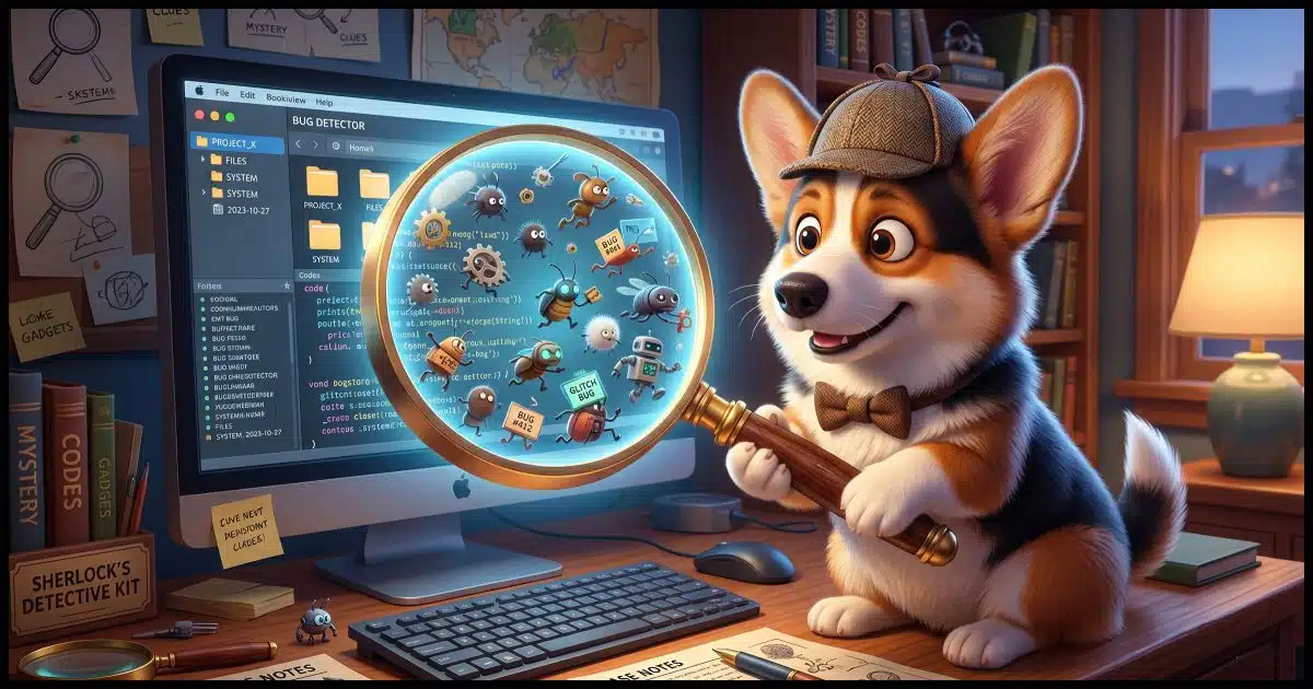 A Corgi holding a giant magnifying glass passing over a computer screen, revealing tiny hidden critters scurrying away.