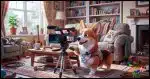 A Corgi with a video camera making a video of the contents of his living room