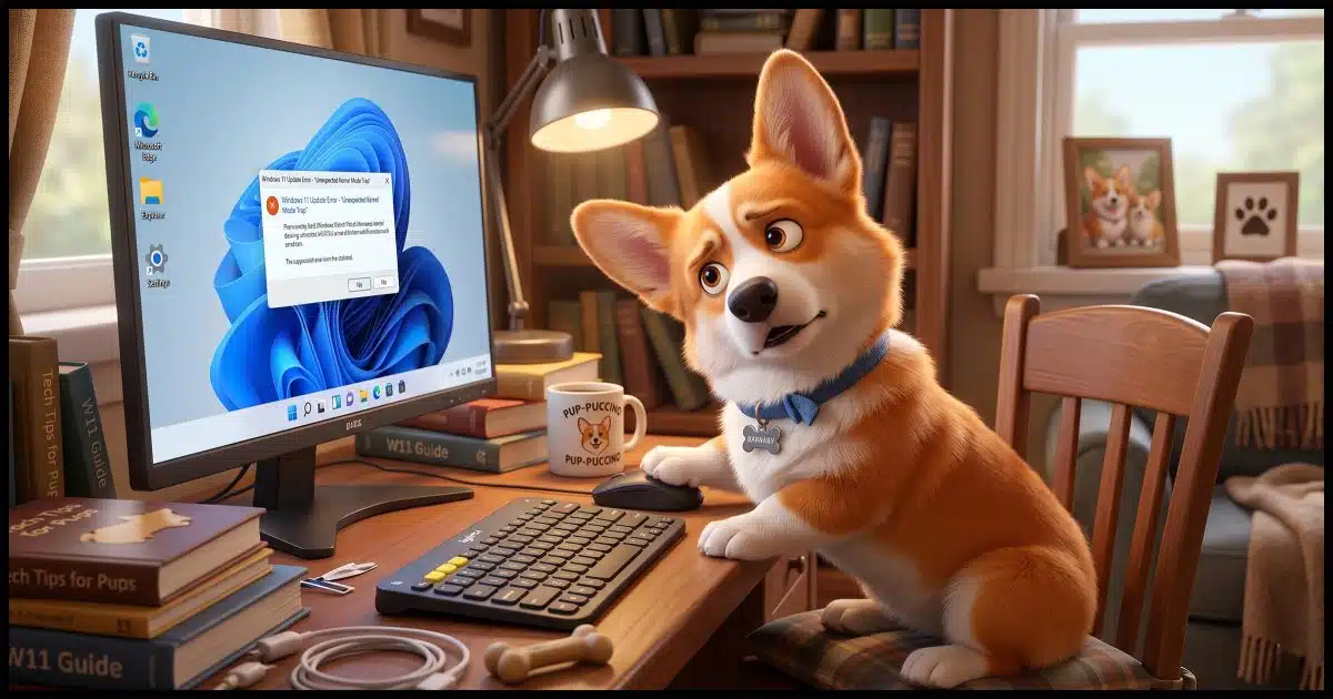 A Corgi looking puzzled at his Windows 11 computer