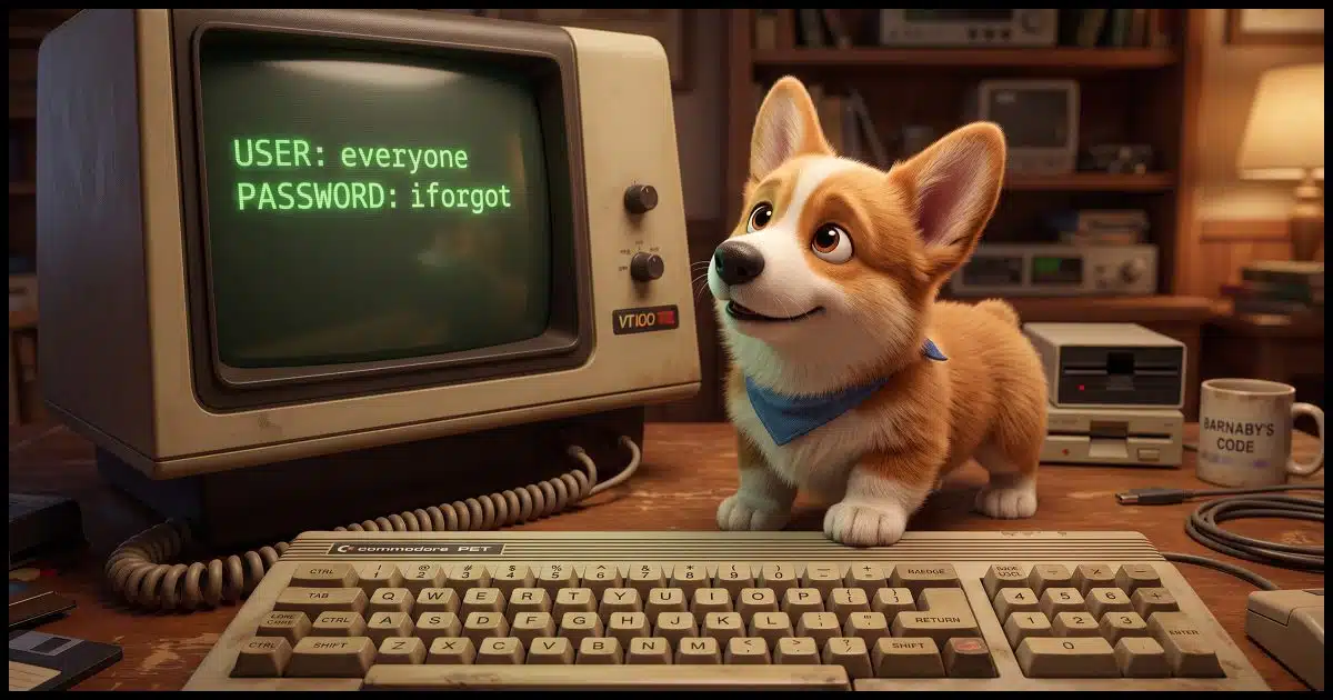 A corgi standing in front of a 1970's era computer keyboard and monitor with "User: everyone" and "Password: iforgot" on it