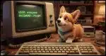A corgi standing in front of a 1970's era computer keyboard and monitor with "User: everyone" and "Password: iforgot" on it