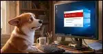 A Corgi looking distressed at a Window computer screen which is displaying a message "Restore Failed!"