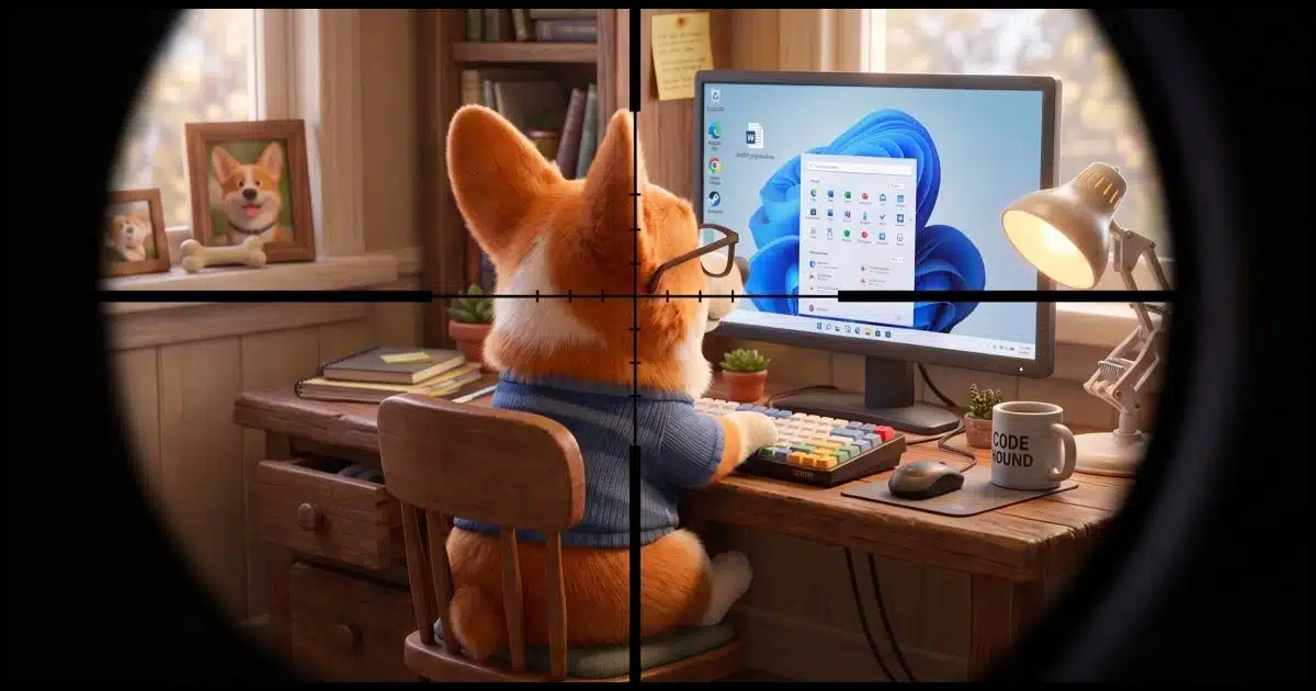 A Corgi working at a Windows computer. The corgi has a rifle sight crosshair on him.