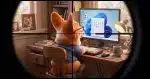 A Corgi working at a Windows computer. The corgi has a rifle sight crosshair on him.