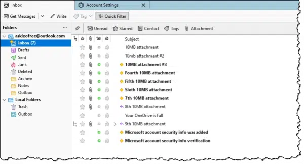 Email inbox in Thunderbird.
