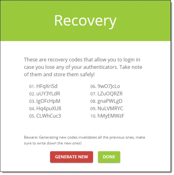 Two-factor recovery codes.