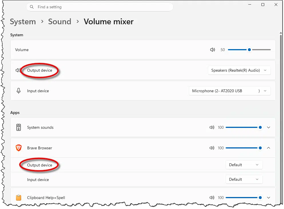 Volume Mixer in Windows 11.
