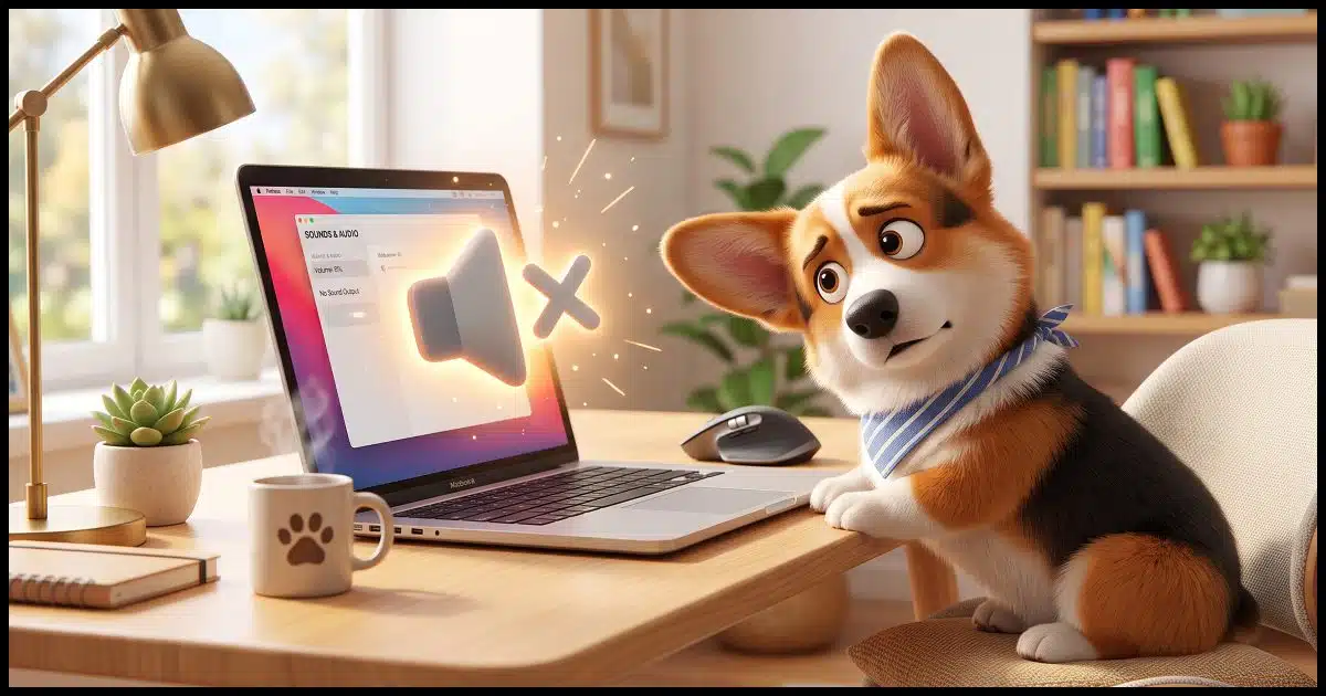 A Corgi at a bright, modern desk tilting his head looking quizzically at a laptop screen with a large, playful, oversized muted speaker icon glowing above it.