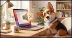 A Corgi at a bright, modern desk tilting his head looking quizzically at a laptop screen with a large, playful, oversized muted speaker icon glowing above it.