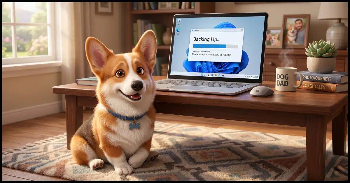 A Corgi sitting in front of a Windows laptop showing a progress bar labelled "Backing Up..."