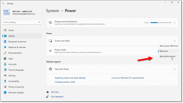 Power Mode setting.
