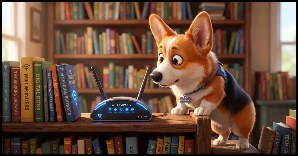 A Corgi examining a Wi-Fi access point which sits on a shelf in a bookshelf.