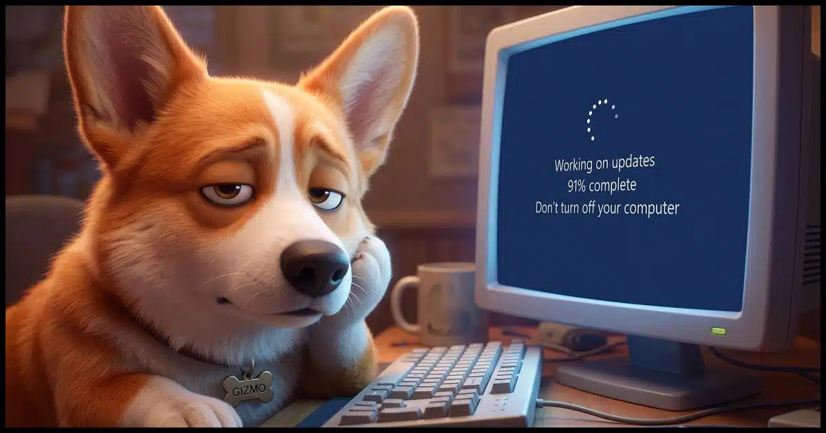 A bored looking Corgi looking at a PC's computer screen displaying "Working on updates".