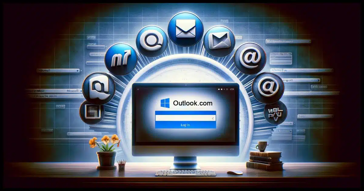 A photorealistic image representing the evolution and consolidation of Microsoft's email services into Outlook.com. The image shows a computer screen with the Outlook.com login page prominently displayed in the center, surrounded by faded logos symbolizing their integration into Outlook.com. The background subtly reflects a timeline, indicating the passage of over 25 years, with visual elements that hint at Microsoft's changing strategies in email services. This represents the journey from multiple sign-in platforms to a single unified access point for all Microsoft email accounts.