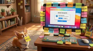 A desktop computer covered in sticky notes each with a password on it. On the screen is a web browser offering to save a password. On the floor is a Corgi with a sticky note on its nose which also has a password on it. The Corgi is looking cross-eyed at the note.