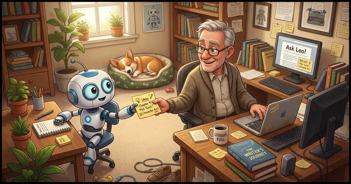 The Helpful Intern — A bright, cheerful illustration of a friendly robot sitting at a small desk next to a human writer, handing over a sticky note with ideas on it, while the oldermale human works at a larger desk. The human's computer screen displays "Ask Leo!". There is a Corgi curled up sleeping in a dog bed against the back wall.