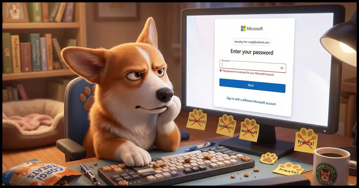 A Corgi attempting to sign in to his Microsoft account. A bad password error is displayed on his PC's screen. He looks frustrated.