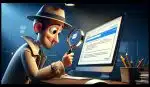 An investigator, characterized by a friendly and approachable design, using a magnifying glass to look closely at an email message on a computer screen. The scene is set in a dimly lit room, highlighting the focus on the screen, suggesting the importance of paying attention to detail. The investigator's expression is one of curiosity and determination, emphasizing the significance of scrutinizing every piece of information to uncover the truth behind the email message. This image should inspire viewers to be more diligent and thoughtful when examining their own emails.