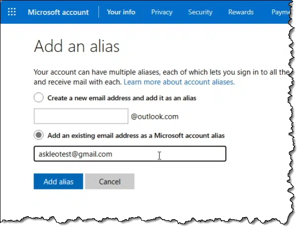 Adding an alias to a Microsoft Account.