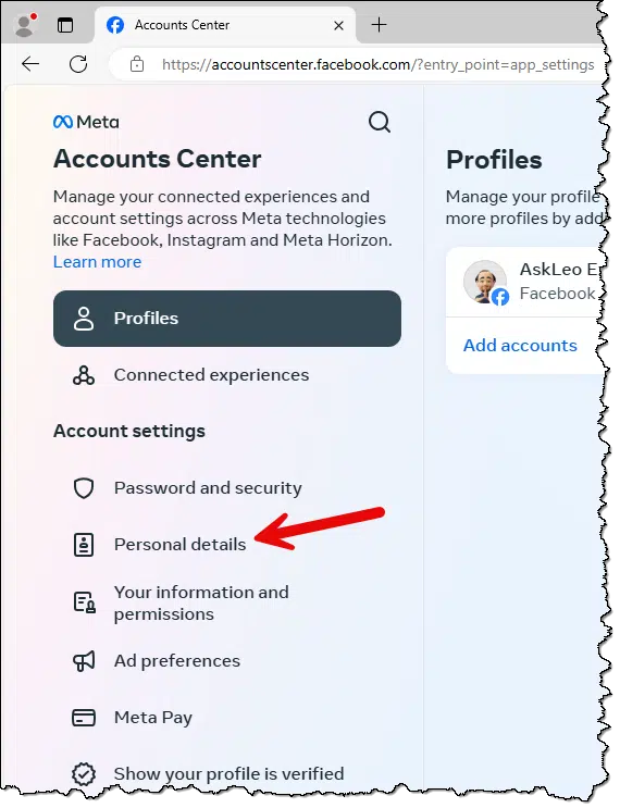 Facebook personal details link.