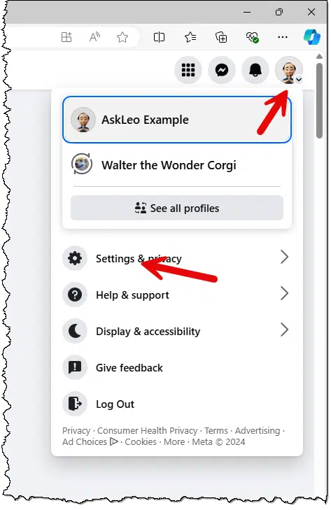 Facebook settings link.