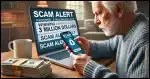 A person, cautiously holding a smartphone, with a suspicious email notification on the screen that mentions winning 3 million dollars. In the background, there's a laptop on a desk with a 'scam alert' warning displayed.