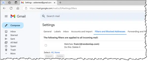 Gmail list of filters.
