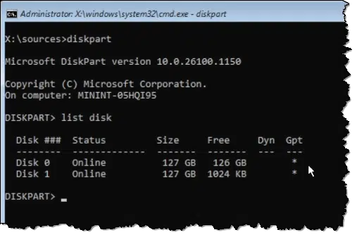 Diskpart listing disks.