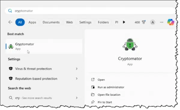 Cryptomator on the Windows 11 Start menu.