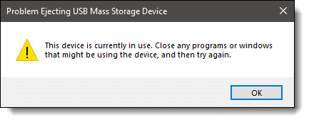 This device is currently in use. Close any programs or windows that might be using the device, and then try again.