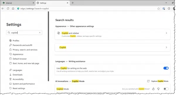 Copilot related settings in Edge.
