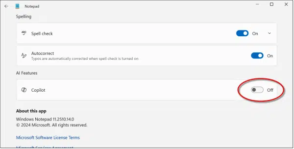 Copilot option in Notepad.