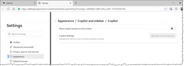 Option to not show the Copilot button in Edge.