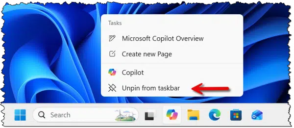 Unpinning Copilot from the Windows 11 taskbar.