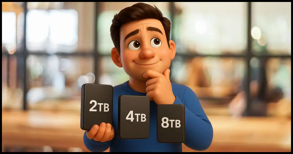 A smiling person holding up different backup drives (2TB, 4TB, 8TB), looking thoughtful.