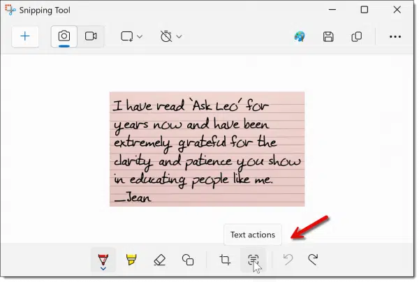 Snipping Tool Editor Text Actions button.