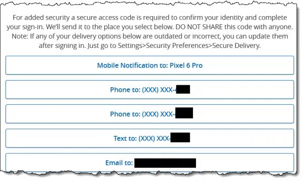 Bank 2FA options, including "Mobile Notification" to the app on my phone.