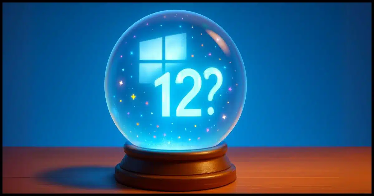 Glowing crystal ball on a wooden desk; inside, a hazy Windows logo morphs into the number 12 and a big question mark, surrounded by colorful sparkles on a bright blue background.