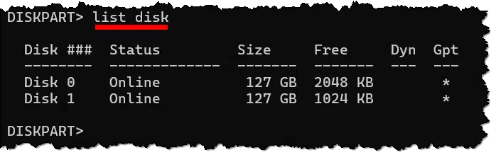 Dispart list disk command.