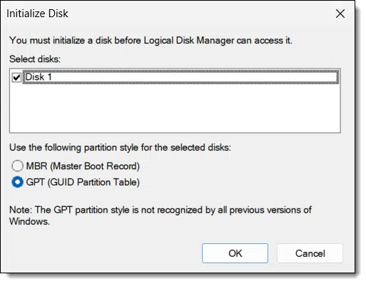 Disk Initialize dialog from Windows Disk Management.