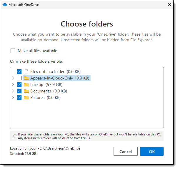 OneDrive choose folders option.