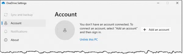 OneDrive app account setting.